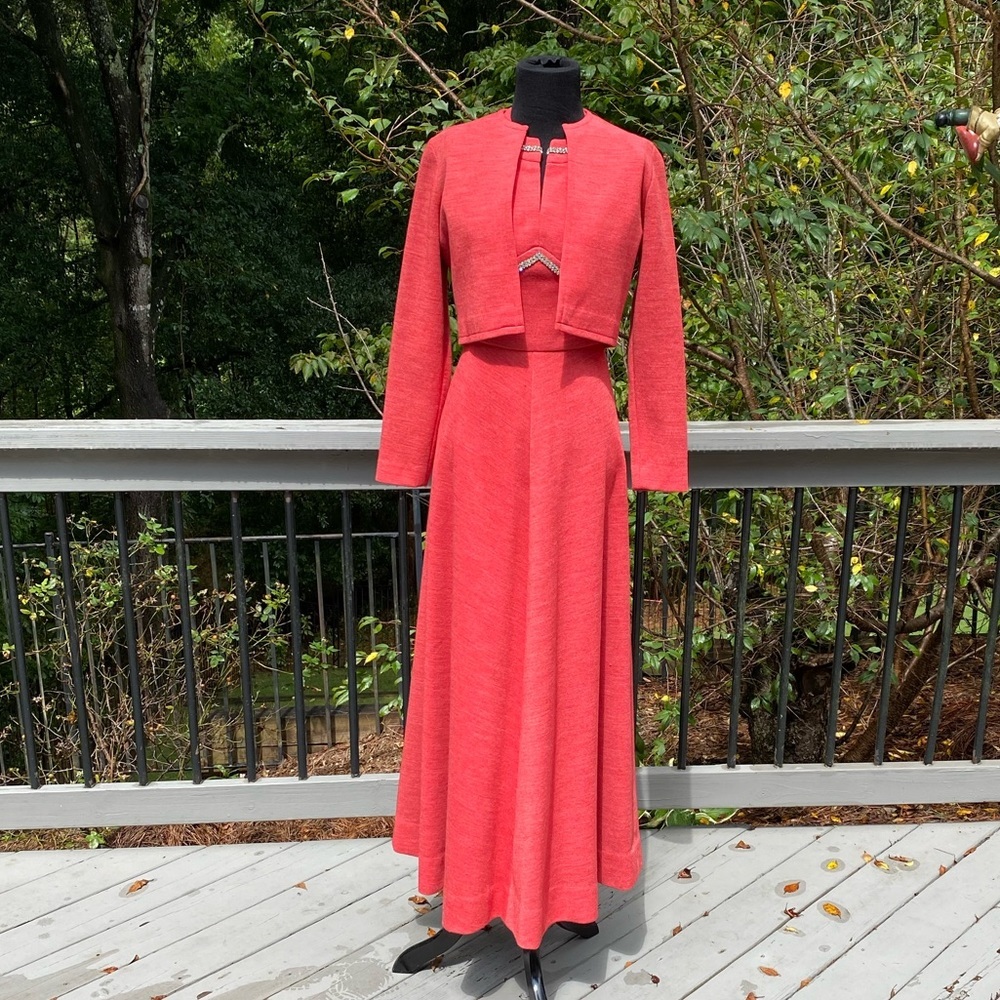 Vintage 60s 70s Rhinestone 2 Pc Cocktail Hostess Maxi Dress Bolero Jacket Set